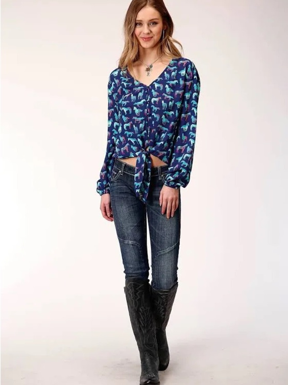 Roper Horses Tie-Front Blouse - Teal & Pink on Royal Blue